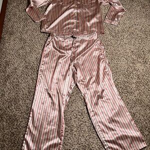 Chanteuse‎ Intimates Satin Pajama Set with Pink and White Stripes